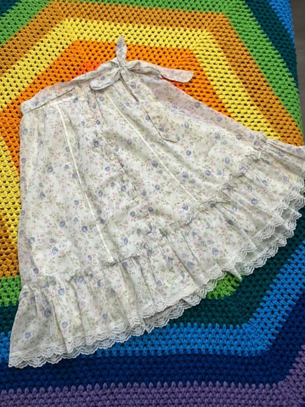 70's Vintage Gunne Sax Gunnies White Purple Calico Prairie Midi Skirt NO LABEL